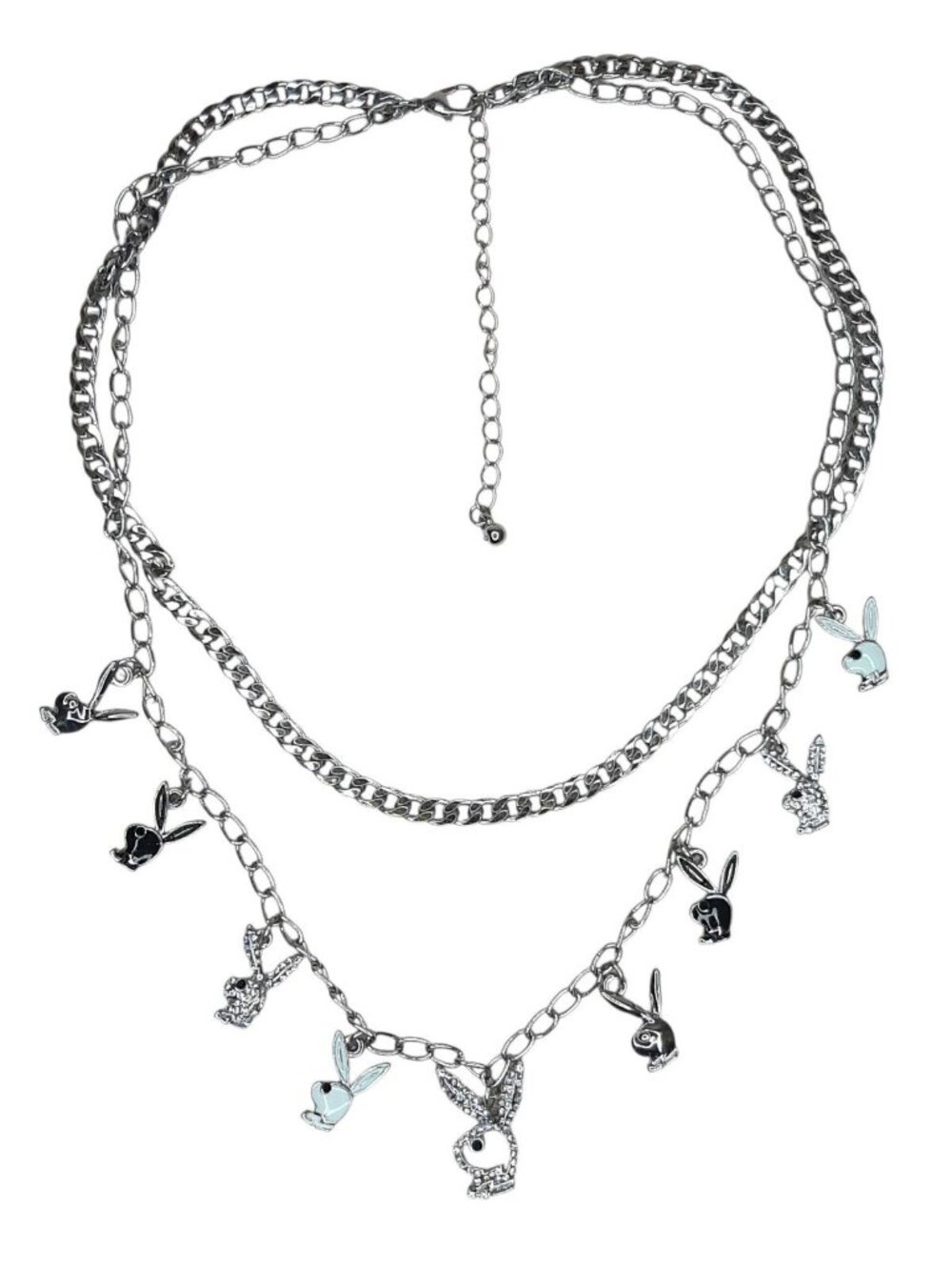 Playboy Bunny Necklace Silver Tone Y2K Layered Chainlink Enamel Rhinestones